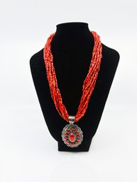 (J-15) VINTAGE STERLING SILVER AND RED CORAL 'GERALDINE YAZZIE?' NAVAJO SOUTHWESTERN  24' NECKLACE- 49.5 DWT