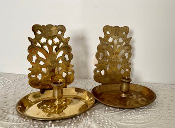 (U-21) VINTAGE 'MOTTAHEDAH' BRASS CANDLE SCONCES / TABLETOP - PIERCED BACKS - 9' BY 8'