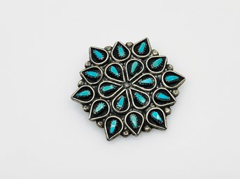 (J-19) VINTAGE NATIVE AMERICAN ZUNI - PHILLIP & ARLITA LAHI STERLING SILVER & TURQUOISE CLUSTER PIN - 5.3 DWT