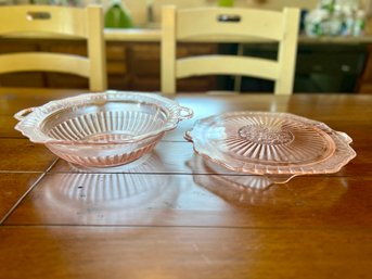 (K) PAIR OF ANTIQUE PINK DEPRESSION GLASS SERVING PIECES - FOOTED PLATE & BOWL - 10' & 11' WIDE