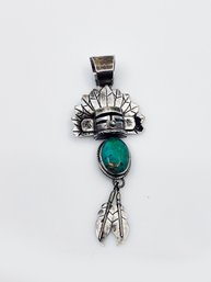 (J-21) VINTAGE NAVAJO 'KACHINA' STERLING SILVER PENDANT WITH TURQUOISE DROP - 9.2 DWT