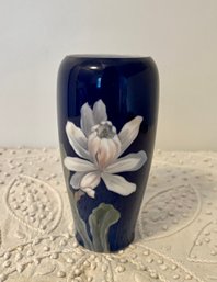 (U-25) ROYAL COPENHAGEN, DENMARK 'MAGNOLIA' COBALT BLUE PORCELAIN VASE - 7'