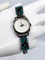 (J-23) VINTAGE SOUTHWESTERN STYLE WOMANS WRISTWATCH-STERLING AND TURQUOISE W/METAL BAND-NOT WORKING