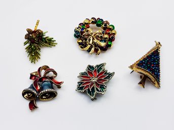 (J-24) COLLECTION OF FIVE VINTAGE CHRISTMAS PINS /BROOCHES - ART, MONET & CHRISTOPHER RADKO