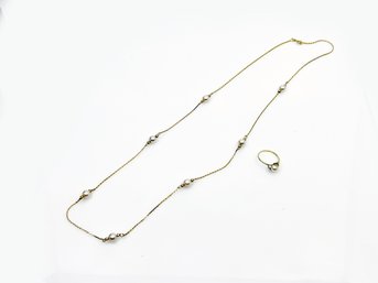 (J-27) MATCHING 14 KARAT GOLD AND PEARL 14' NECKLACE AND RING SIZE 6 - APPROX. 6.4 DWT