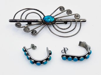 (J-32) SOUTHWESTERN STYLE STERLING SILVER & TURQUOISE EARRINGS & ABSTRACT SILVER & TURQUOISE  BROOCH -7.4 DWT