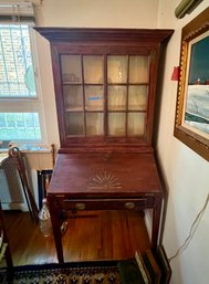 ANTIQUE WOOD SECRETARY WITH DROP DOWN DESK & COMPARTMENTS - INLAID SUNBURST DESIGN - 72' BY 36