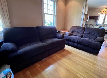 PAIR OF BROWN CORDUROY SOFAS ONE ELECTRIC RECLINE & THE LOVESEAT MANUAL RECLINING - 80' X37' X20 & 66'X35'X20'