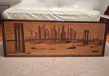 VINTAGE MID CENTURY MODERN 'SEIVAD' BROOKLYN BRIDGE ART - MARQUETRY PRINT - NY HARBOR & SKYLINE - 63' BY 23'