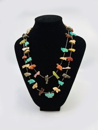 (J-38) VINTAGE NATIVE AMERICAN HAND CARVED ANIMAL FETISH NECKLACE -DOUBLE STRAND MULTI COLORED MIXED GEMS -15'