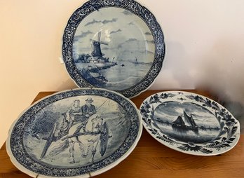 (U-) THREE 'DELFTS' BLUE & WHITE OVERSIZED PORCELAIN PLATES - DARK BLUES - NAUTICAL & HORSES - 14' - 16'