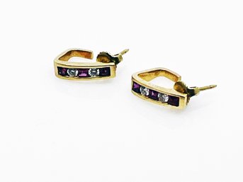 (J-39) PAIR OF 18 KARAT GOLD DIAMOND & AMETHYST  PAIR OF EARRINGS-2.5 DWT