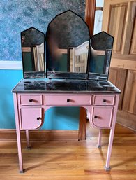 (UPHall) SWEET VINTAGE 'UNITED METAL' PINK METAL VANITY TABLE WITH TRIFOLD MIRROR -DECO - 34'W BY 15'D BY 32'H