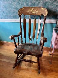 (UPHall) VINTAGE SOLID WOOD ROCKING CHAIR WITH STENCIL DESIGN BACK - 51'H BY 26'W