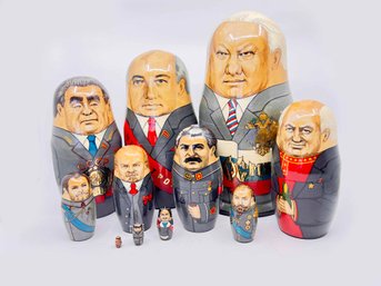 (A-27) VINTAGE RUSSIAN LEADERS NESTING DOLLS - MATRYOSHKA DOLL, 11 FIGURES, HAND PAINTED -1993, 9'