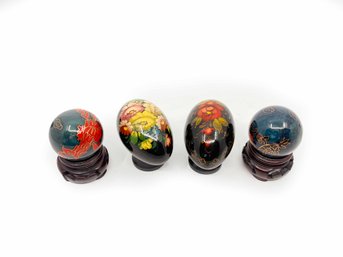 (A-31) COLLECTION OF FOUR EGGS W/STANDS - 2 HAND PAINTED RUSSIAN EGGS & 2 CHINESE CLOISONNE