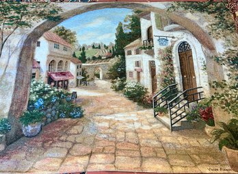 (LR) QUAINT TOWN WOVEN WALL TAPESTRY BY VIVIAN FLASCH WITH ROD AND TASSLES - 70' BY 50'
