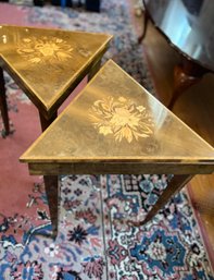 (LR) PAIR OF VINTAGE ITALY TRIANGLE OCCASIONAL TABLES W/REUGE MUSIC BOX BOTH NEED HINGE TLC, ONE DOES NOT PLAY