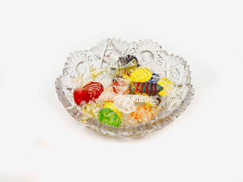 (B-2) COLLECTION OF VINTAGE ITALIAN BLOWN GLASS CANDIES IN A CUT GLASS CANDY DISH AS SHOWN - 20 PIECES