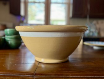 (K) ENORMOUS ANTIQUE YELLOW WARE BOWL - HAIRLINE CRACK IN THE INTERIOR, GLAZED OVER CHIP, A BEAUTY - 20' BY 9'