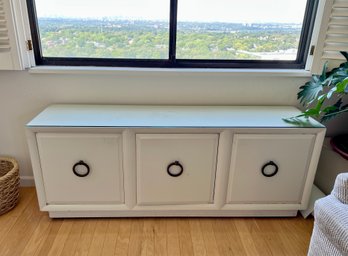 VINTAGE SOLID WOOD THREE DOOR WHITE STORAGE CREDENZA WITH GLASS TOP & BIG HARDWARE - 69'W BY 17' D BY 27' H