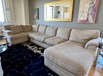 VINTAGE NEUTRAL UPHOLSTERED SECTIONAL SOFA IN GREAT SHAPE W/CHAISE- 39' DEEP BY 31' HIGH BY 154' WIDE