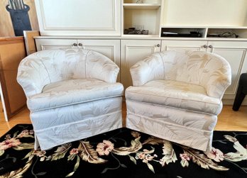 FANTASTIC PAIR OF VINTAGE SWIVEL BARREL CHAIRS - NICE SATIN DESIGN FABRIC, SOME DIRT - 31'W BY 32' D BY 28' H