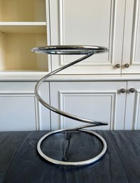 CHROME & GLASS ACCENT TABLE WITH COIL BASE - POST MODERN- 14' WIDE BY 19' HIGH