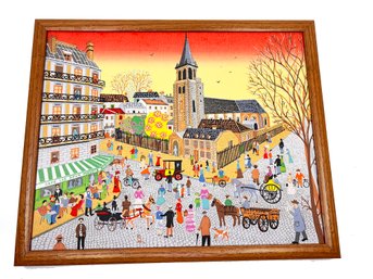 (A-62) VINTAGE PRINT ON CANVAS-PARIS STREET SCENE-PRIMATIVE-17' X 14'