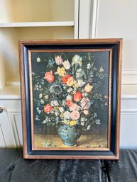 VINTAGE FRAMED FLORAL PRINT ON BLACK BACKGROUND - 20' BY 24'