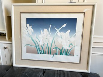 'IRIS' INTAGLIO LITHO SIGNED 'A.GUBA?' - FRAMED 39' BY 33' - WHITE SMEAR ON MATT