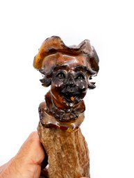 (A-67) VINTAGE 'SHEP SHAPIRO' APPLE HEAD CARVING - MAN W/HAT AND CIGAR - MOUNTED ON PETRIFIED WOOD -FOLK ART