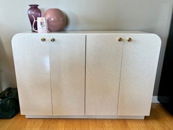 POST MODERN WHITE MICA WATERFALL EDGE FOUR DOOR CABINET - 50' W BY 15' BY 34' HIGH