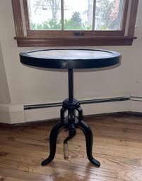 (lR) STEAMPUNK INSPIRED INDUSTRIAL ACCENT TABLE - ROUND WOOD WITH STEEL BASE - 20' ROUND BY 27' HIGH