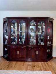 TRADITIONAL CHERRY WOOD FOUR PIECE WALL UNIT - LIGHTED WITH CORNER DISPLAYS - 112' W BY 30' D BY 78' HIGH
