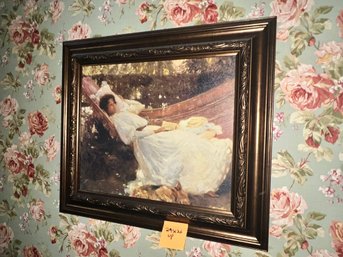 (UP/M) RECLINING VICTORIAN WOMAN WITH BOOK PRINT - HEAVY GOLD WOOD FRAME - 26' BY 29'