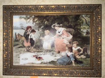 (UP/M) VICTORIAN WOMAN PICNICKING WITH HER CHILDREN PRINT IN HEAVY GOLD WOOD FRAME - 37' BY 28'