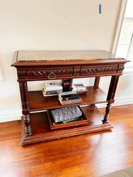 (UB2-7) VINTAGE FRENCH OAK AND MARBLE TOP TABLE-46' 19' X 38'-BOOKS NOT INCLUDED-HEAVY 2ND FLOOR