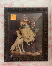 (UP) VICTORIAN GIRL PLAYING VIOLIN TO HER DOG PRINT  WITH GOLD / BROWN FRAME - 29' BY 23'