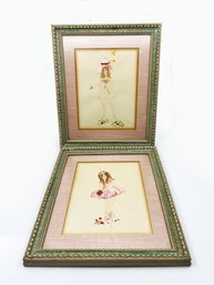 (A-34) PRETTY PAIR OF VINTAGE SIGNED & FRAMED WATERCOLOR BALLERINAS - PINK & GREEN - 11' BY 14'