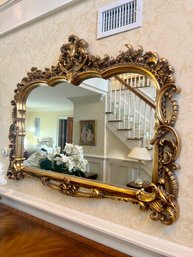 (HALL) ORNATE GOLD PAINTED WOOD MIRROR - DEEPLY DECORATED WITH SWIRLS & LEAVES - HEAVY - 55' BY 43'