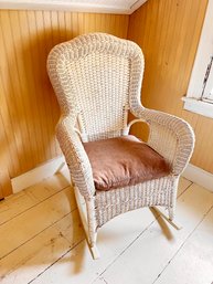 (UUU15) VINTAGE WHITE WICKER ROCKING CHAIR WITH PILLOW-29' X 36' SEAT 20' BACK 44'-THIRD FLOOR