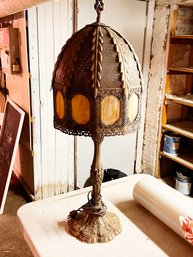 (BAS-3) ANTIQUE SLAG GLASS PANEL METAL OVERLAY TABLE LAMP-13' X 34'-BASEMENT