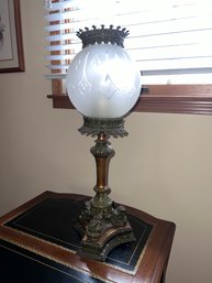 (D) VINTAGE COMPOSITE MATERIAL HURRICANE TABLE LAMP WITH BRASS DETAIL- GLASS SHADE NEEDS REPLACING - 26' HIGH