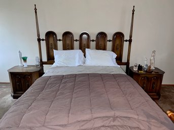 (D) VINTAGE KING HEADBOARD & FRAME WITH MATCHING PAIR OF NIGHTSTANDS - QUEEN MATTRESS INCLUDED