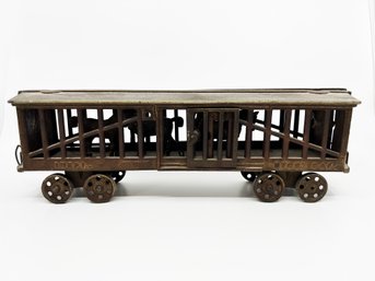 (C-3) ANTIQUE CAST IRON 'IDEAL' STOCK CAR TRAIN WITH ZOO ANIMALS - 14' BY 4.5' BY 4'
