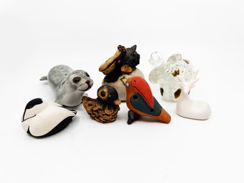(C-6) COLLECTION OF SEVEN VINTAGE ANIMAL SCULPTURES - CLAY, GLASS, SIGNED - 2'-4'