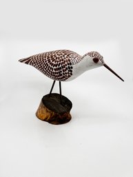 (C-9) VINTAGE HAND CARVED & PAINTED WOOD SANDPIPER BIRD MOUNTED ON DRIFTWOOD - 8' BY12'