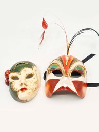 (ZZ-147) VINTAGE PAIR MINI HAND PAINTED VENETIAN MASKS -'BALO COLOC AND CIRQUE DU SOLEI BY FRANCO CECAMORE