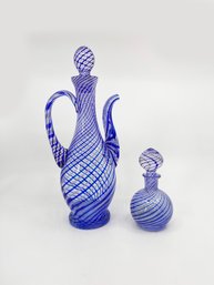 (C-11) ART GLASS EWER DECANTER & MATCHING PERFUME BOTTLE WITH STOPPER - COBALT & WHITE SWIRL GLASS - 5' & 11'